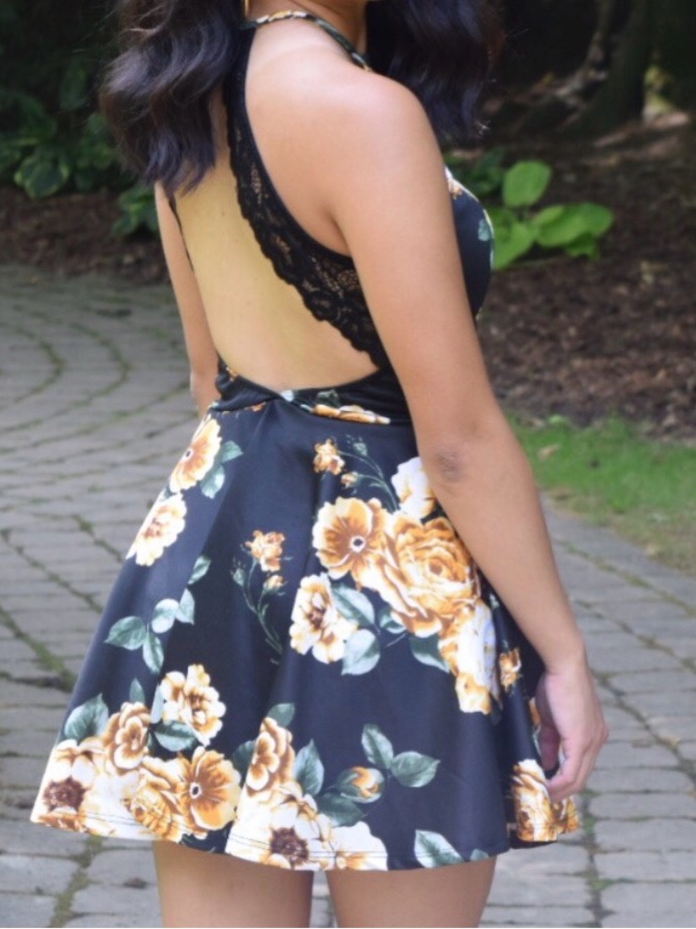 Windsor Black Floral Backless A-Line Dress with Yellow Roses